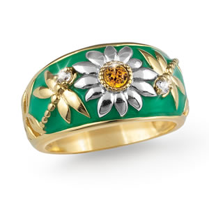 Dragonflies and Daisy Enameled Ring